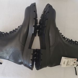 Zara Burgundy Leather Lug Sole Combat BootsSize 38 EU New